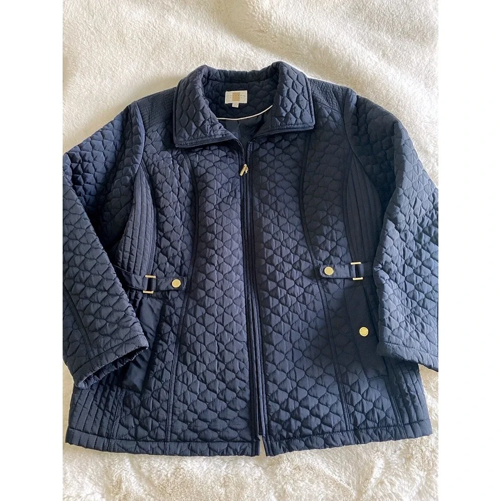 Gallery Woman Navy Blue Quilted Zip-Up Jacket Gold Hardware 1X Plus Size‎